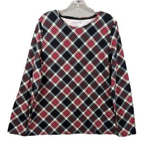 Talbots Stretch Plaid Top T Shirt Women’s Large Long Sleeve Black/Red Cotton